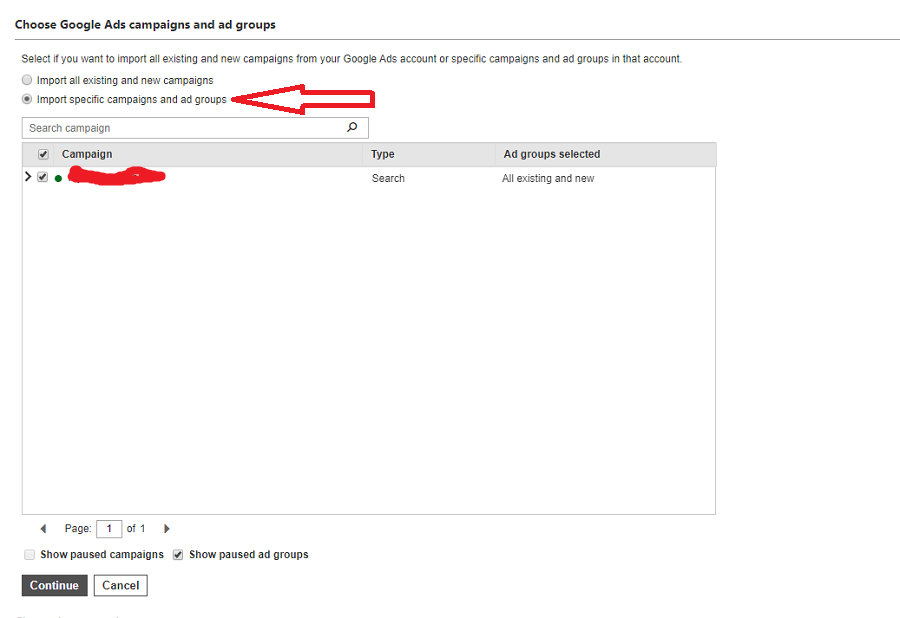 Choose the google adwords campaign to import in Bing Ads