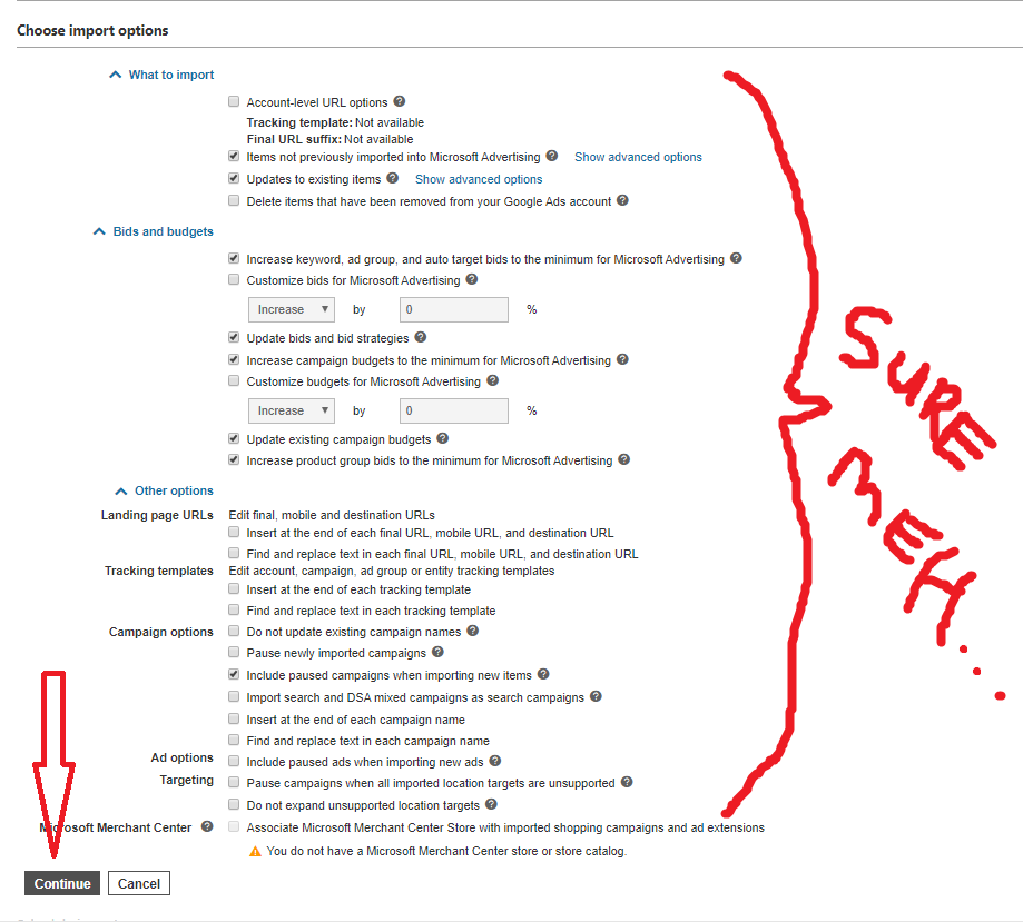 Ignore options and continue