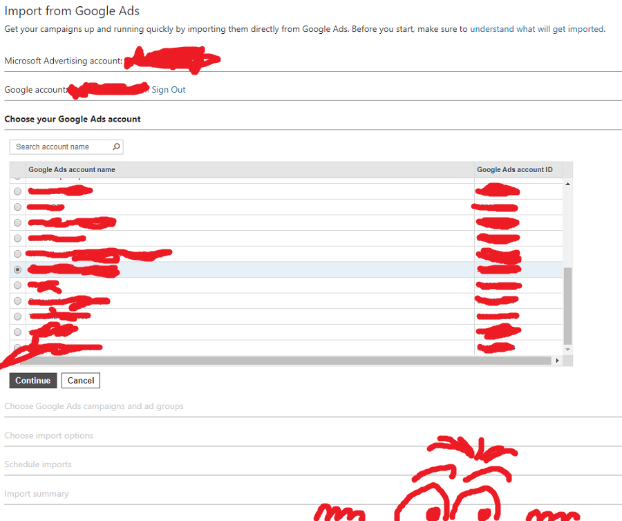 Pick your Google Ads Account to import in Microsoft Bing Ads